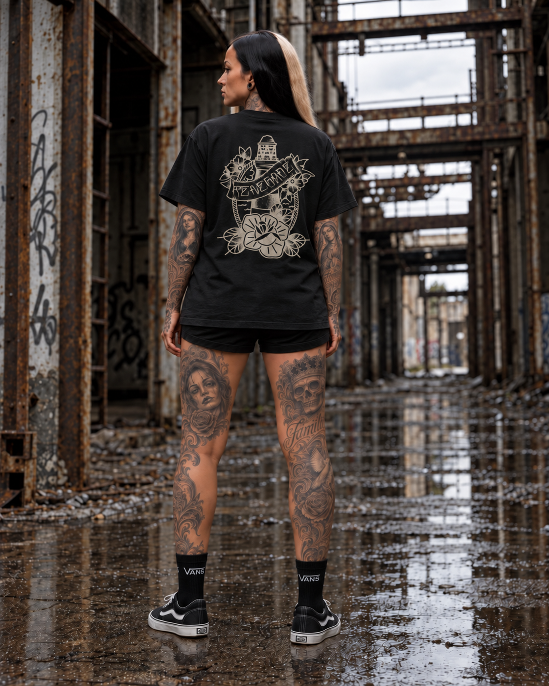 Lighthouse Graphic Tee in Black, female back view with washed off-white print