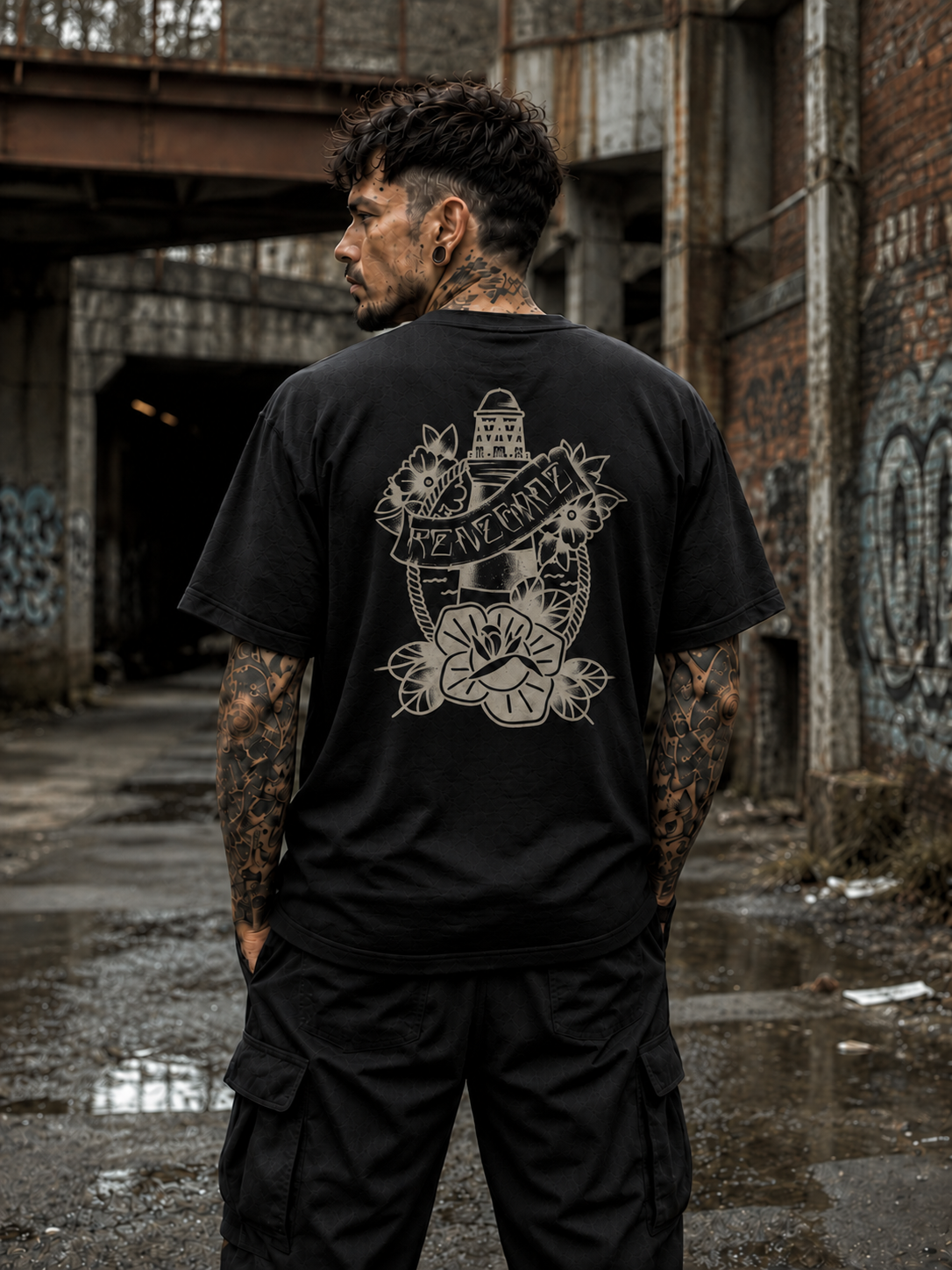 Lighthouse Graphic Tee in Black, male back view with washed off-white print