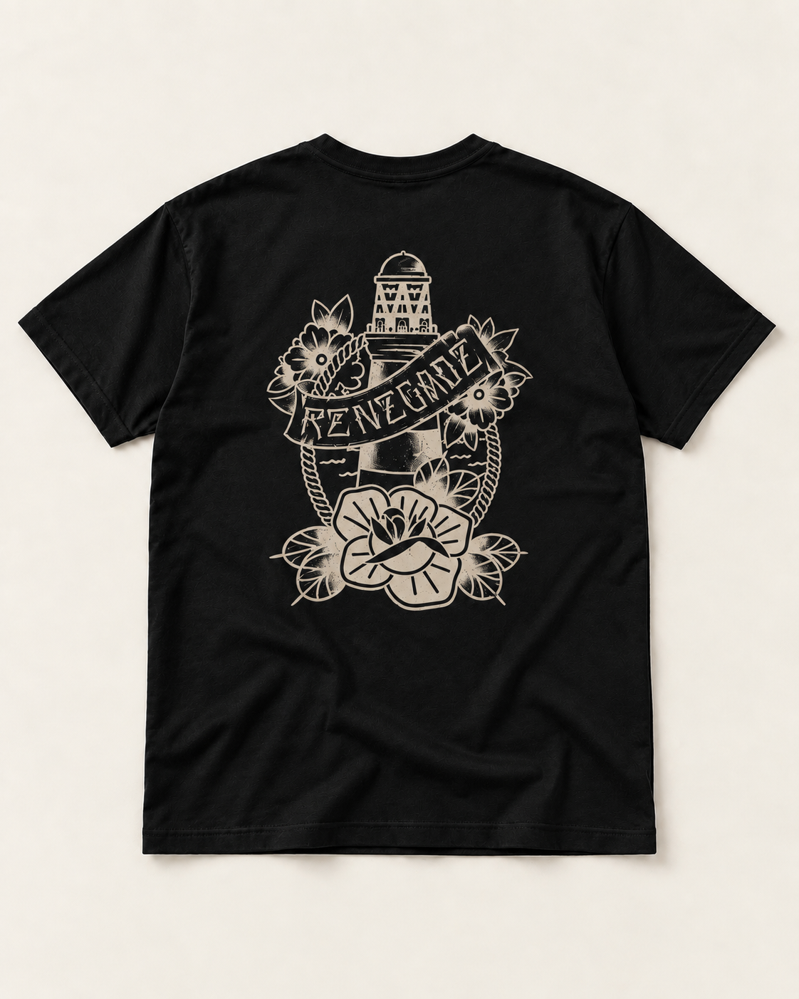 Lighthouse Tattoo Graphic Tee black flat lay back view with off-white print on cream background