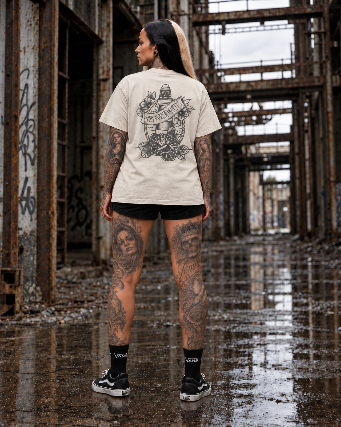 Lighthouse Graphic Tee in Vintage Off-White, female back view with washed charcoal print