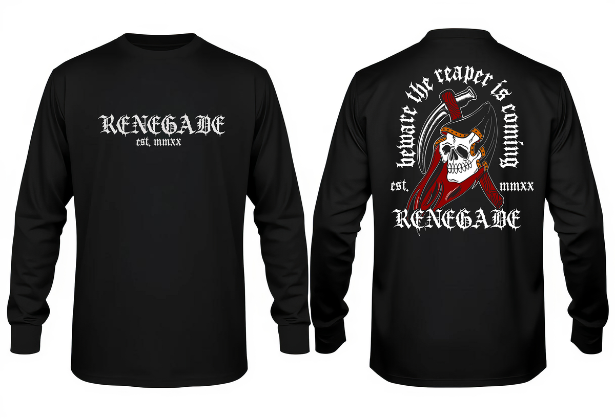 The Reaper unisex long-sleeve graphic T-shirt with tattoo-flash front and back prints