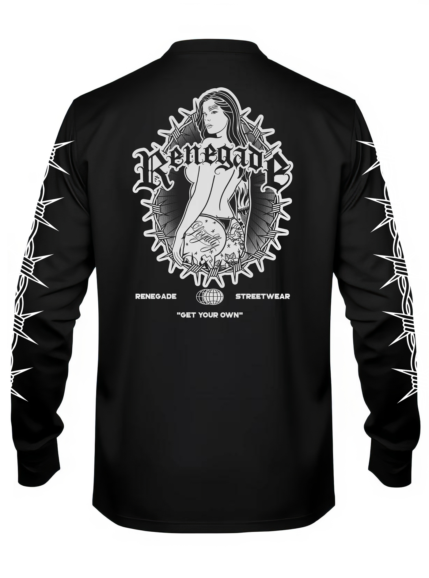 Colour: Black / White Print | Trouble long sleeve graphic tee back print - Original Renegade