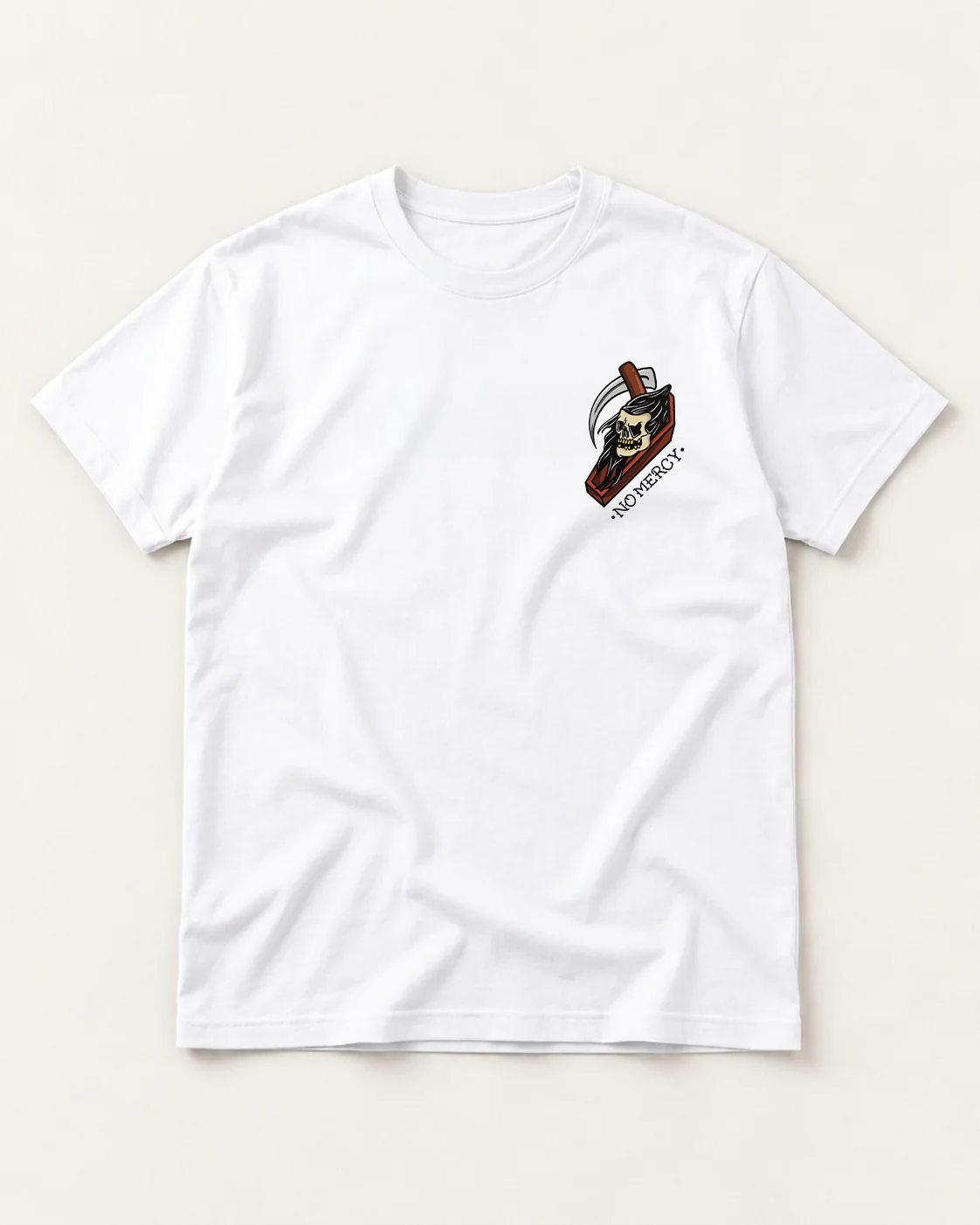 No Mercy Reaper Core Classics Tee — white front, left breast print