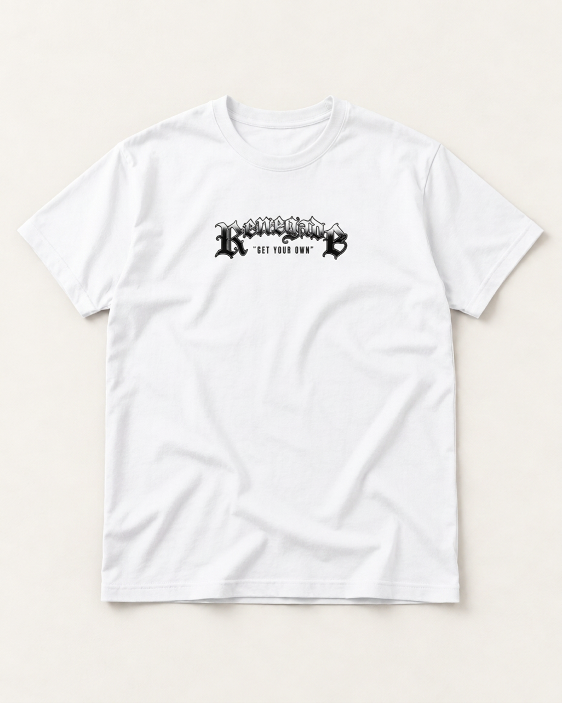 Trouble Tattoo Graphic Tee, flat lay front view with black Renegade chest print.