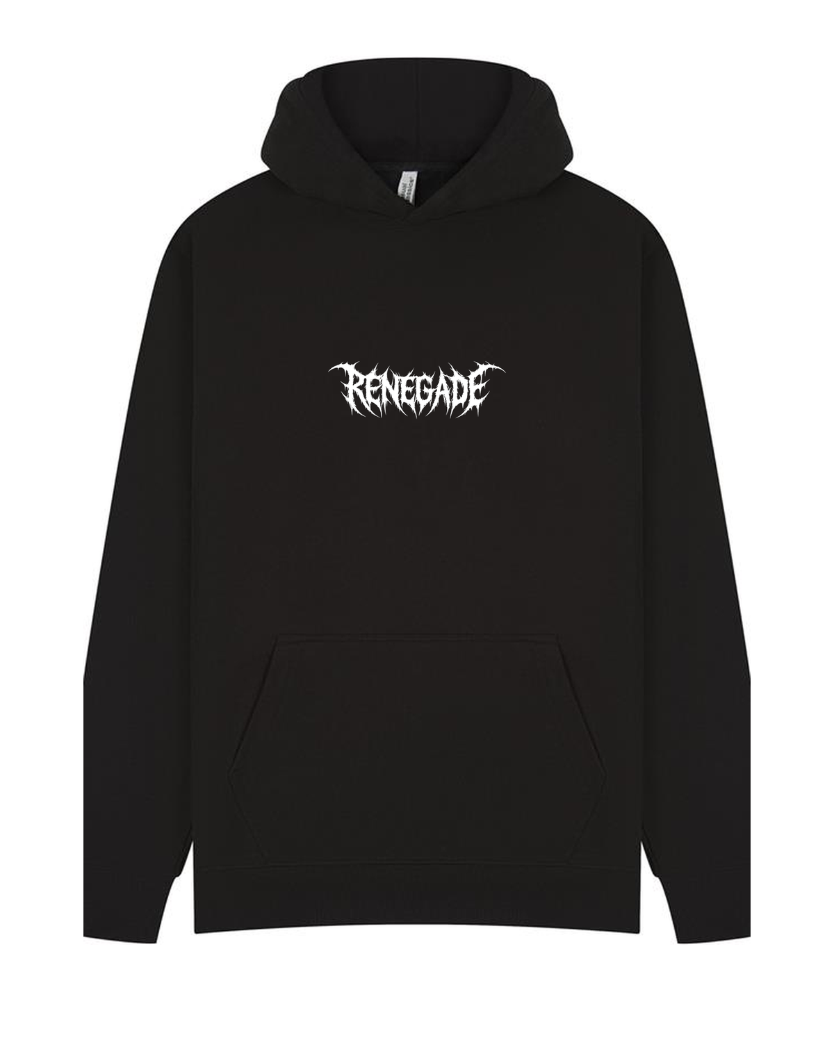 Black Deathcore Core Classics hoodie front mockup, using the current approved artwork pixels. Placement proof.