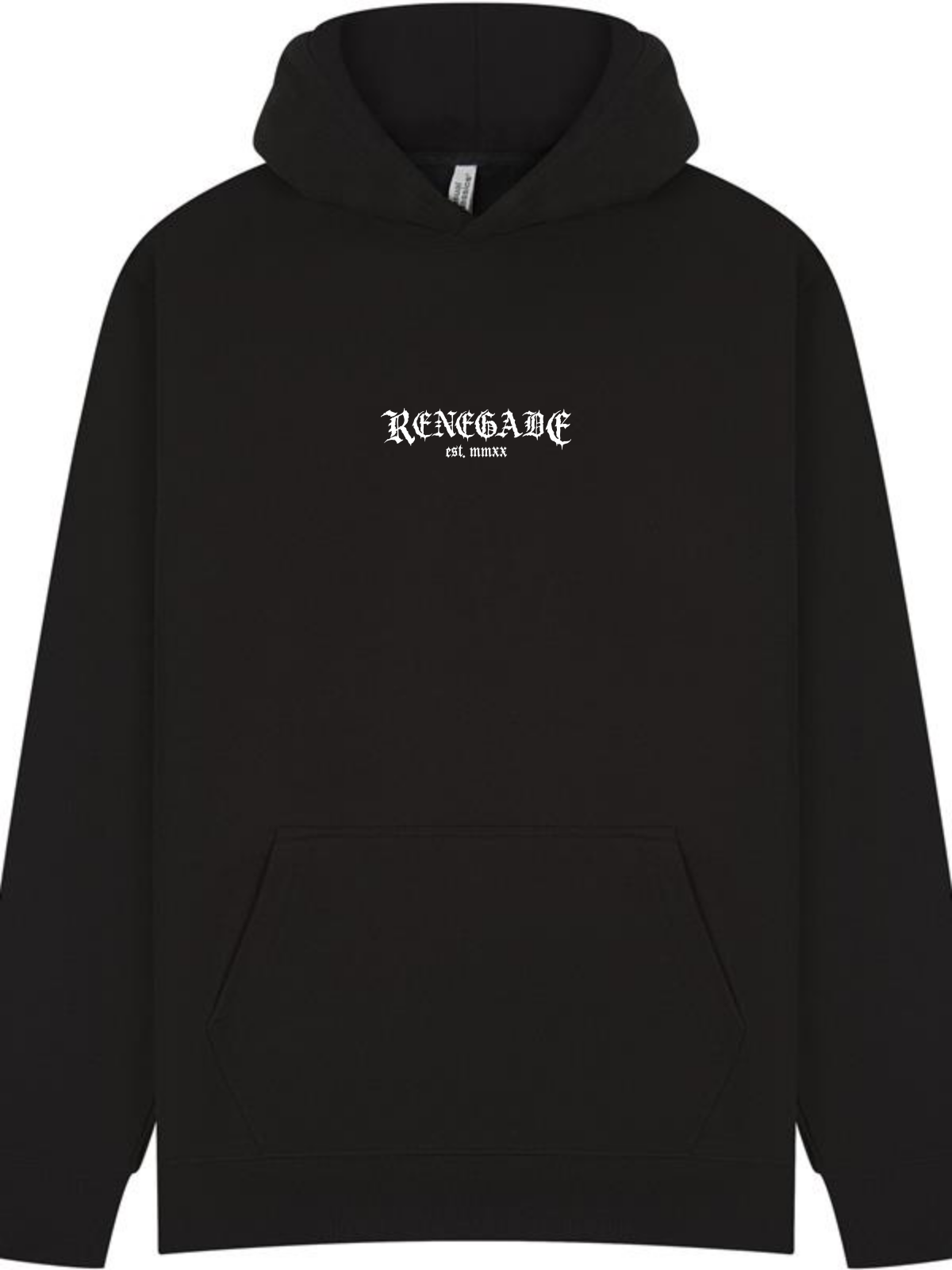 Approved placement mockup: black Core Classics hoodie with the exact white Renegade and est. mmxx front artwork.