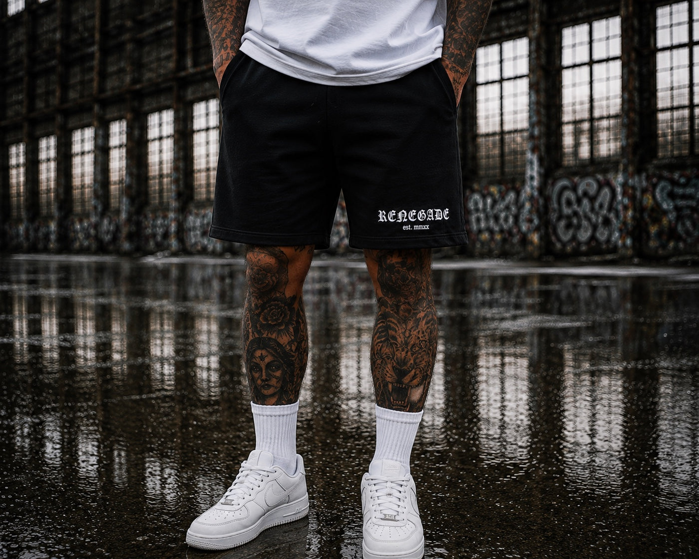 Original Renegade black relaxed-fit streetwear shorts with white gothic leg print