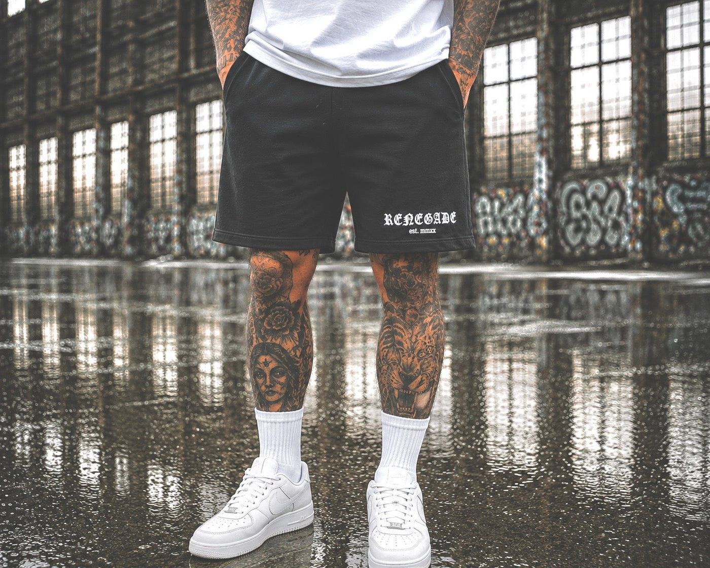 Original Renegade black streetwear shorts with white gothic leg print