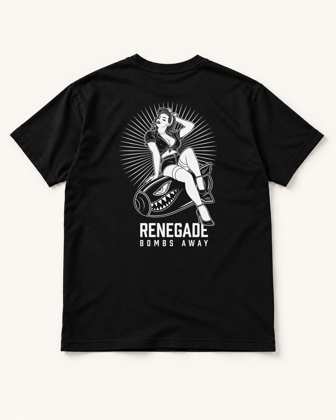 Renegade Bombs Away black graphic T-shirt back view with white aviation pin-up and shark-mouth bomb artwork