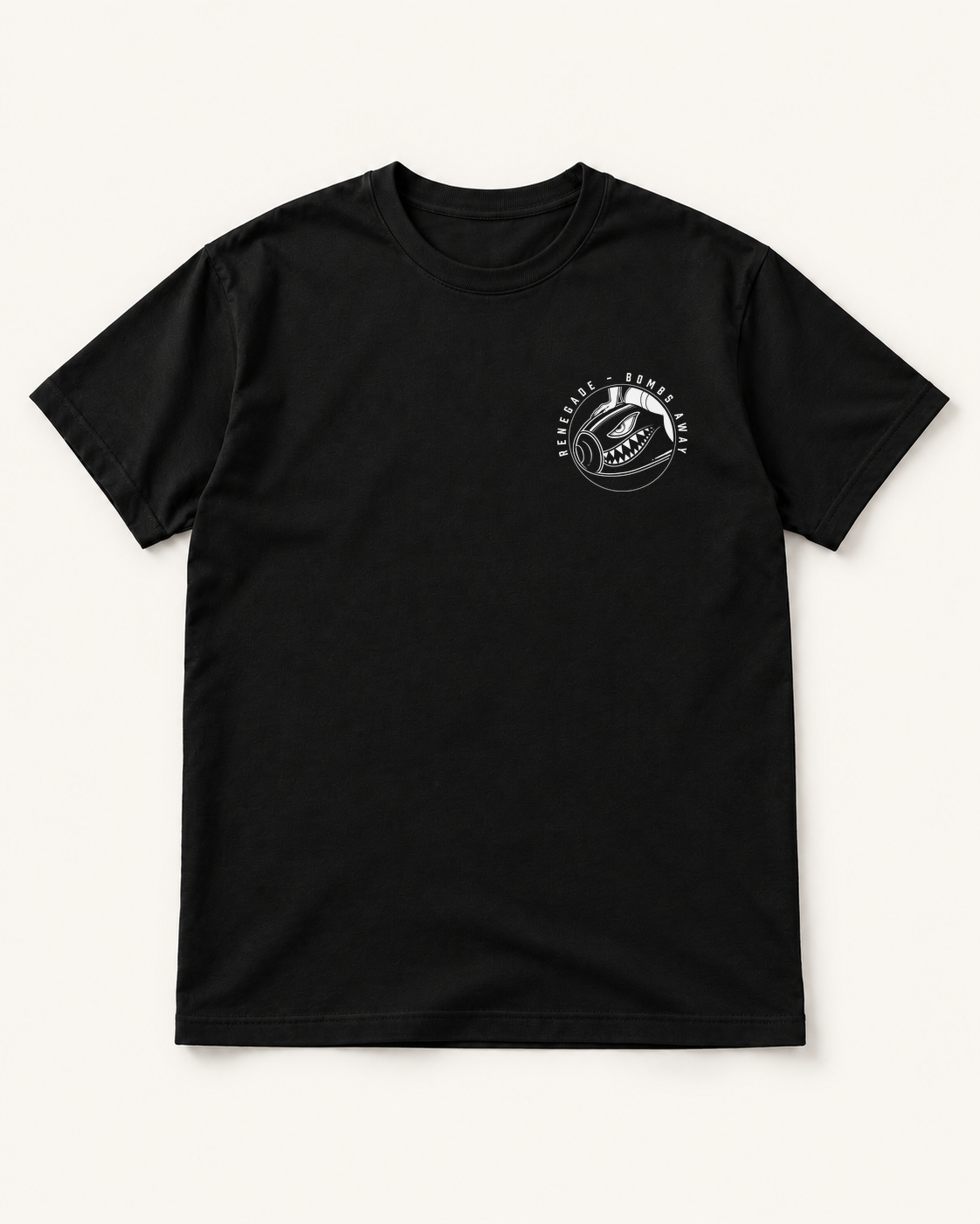 Renegade Bombs Away black graphic T-shirt front view with small white left-chest bomb badge