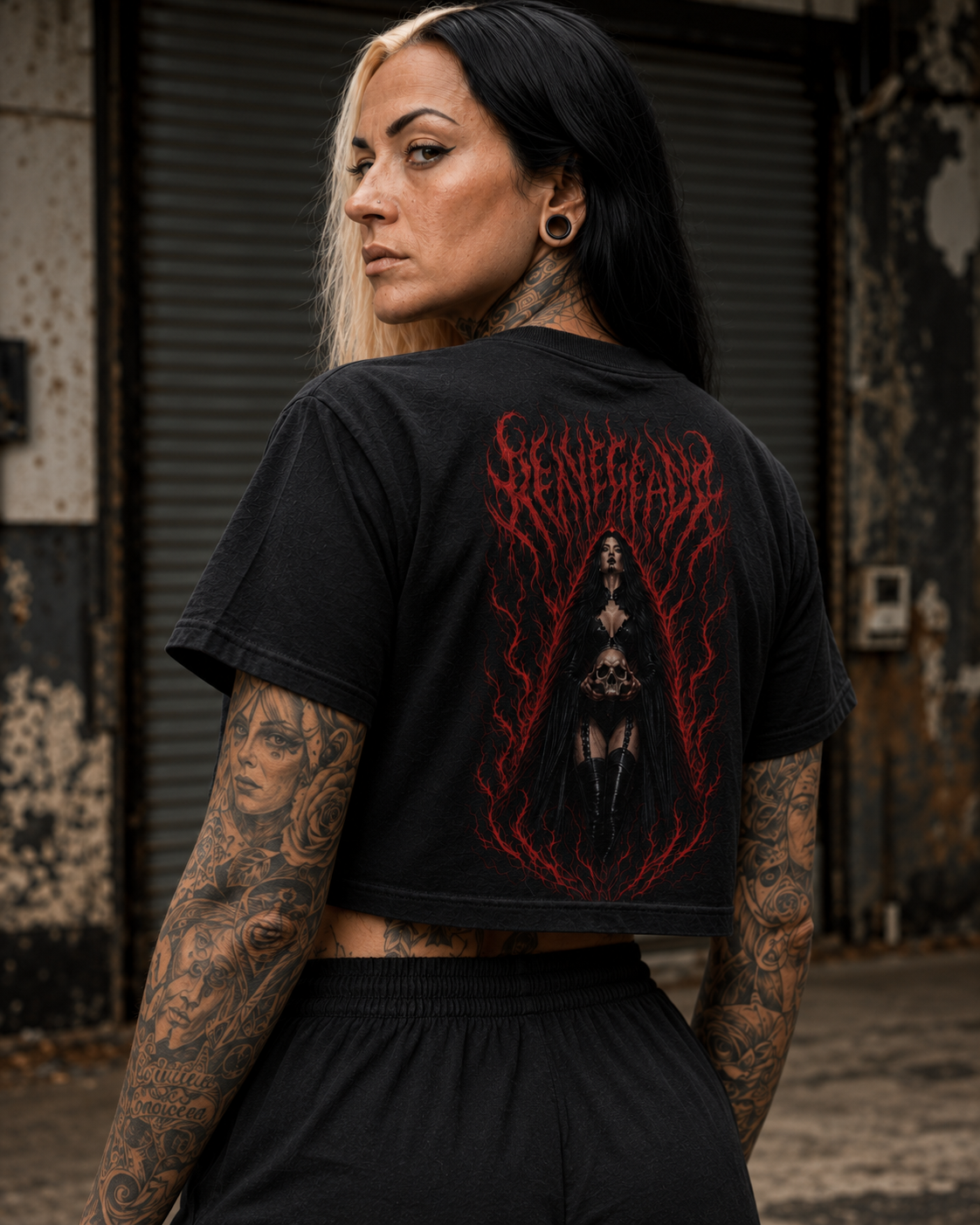 Original Renegade Blood Rite gothcore crop tee back print detail in a derelict industrial unit