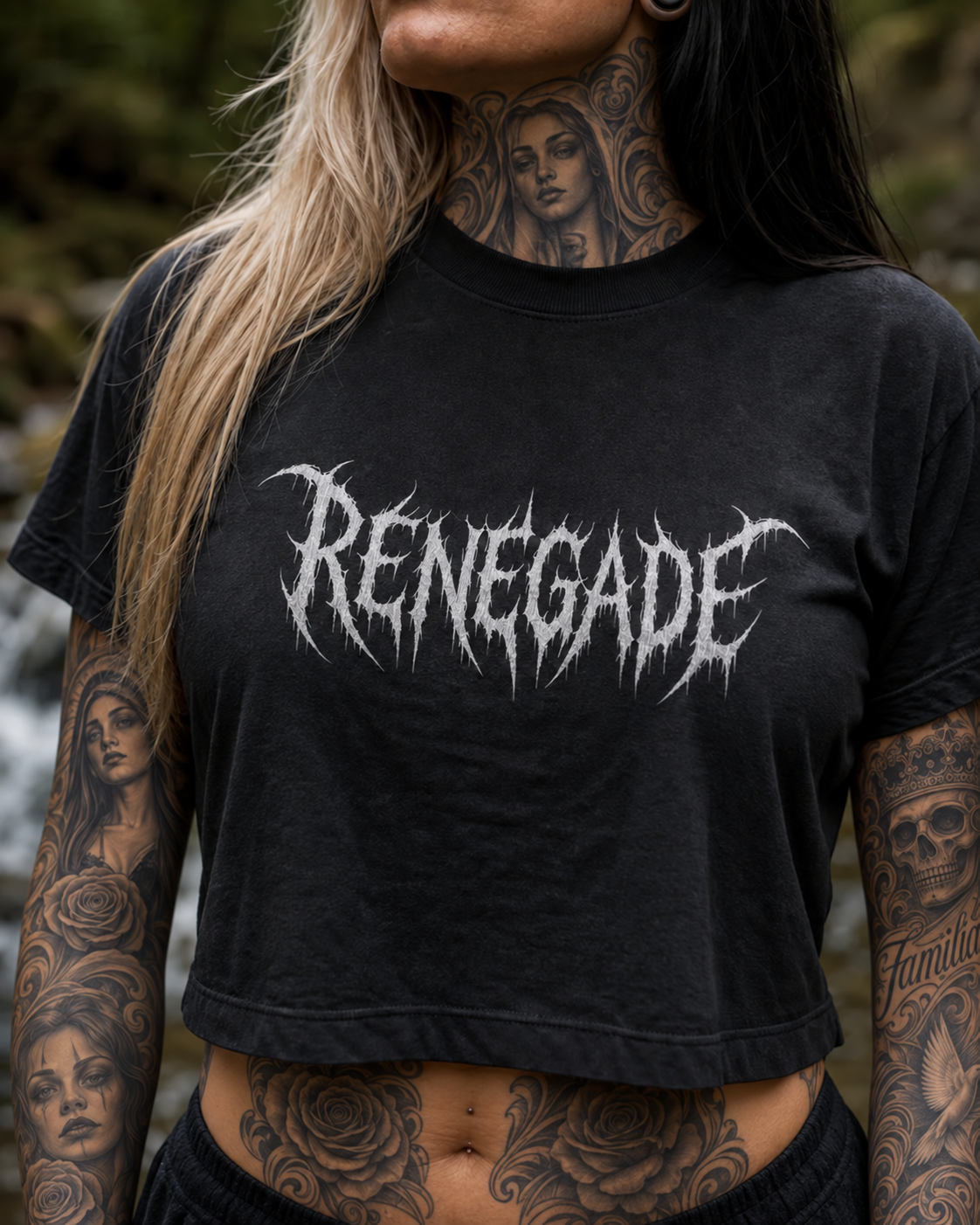 Close-up of white Renegade deathcore logo print on black cropped tee