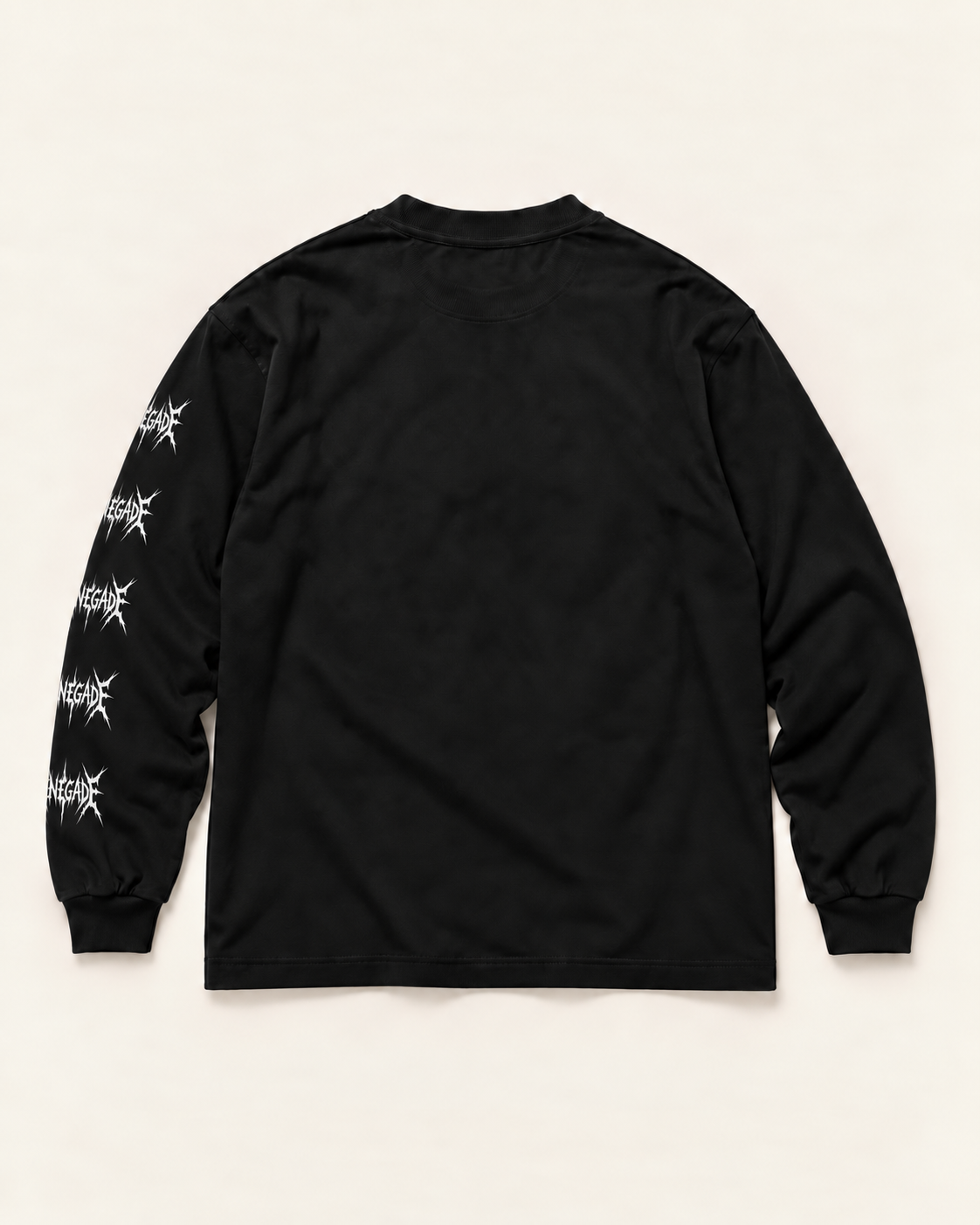 Back view of black Renegade Deathcore long sleeve tee with five repeating sleeve logos