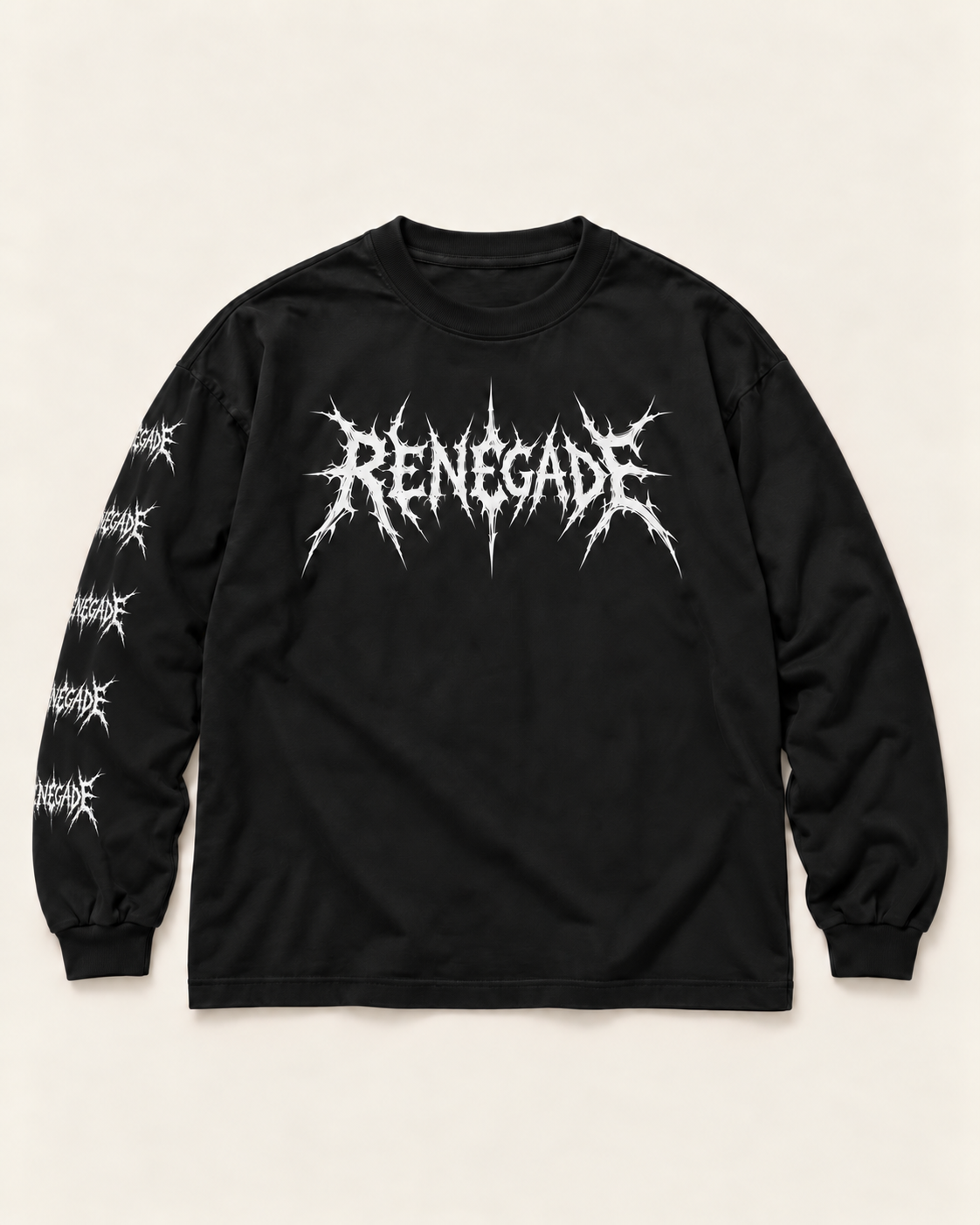 Black Renegade Deathcore long sleeve tee with large white chest logo and five repeating sleeve logos
