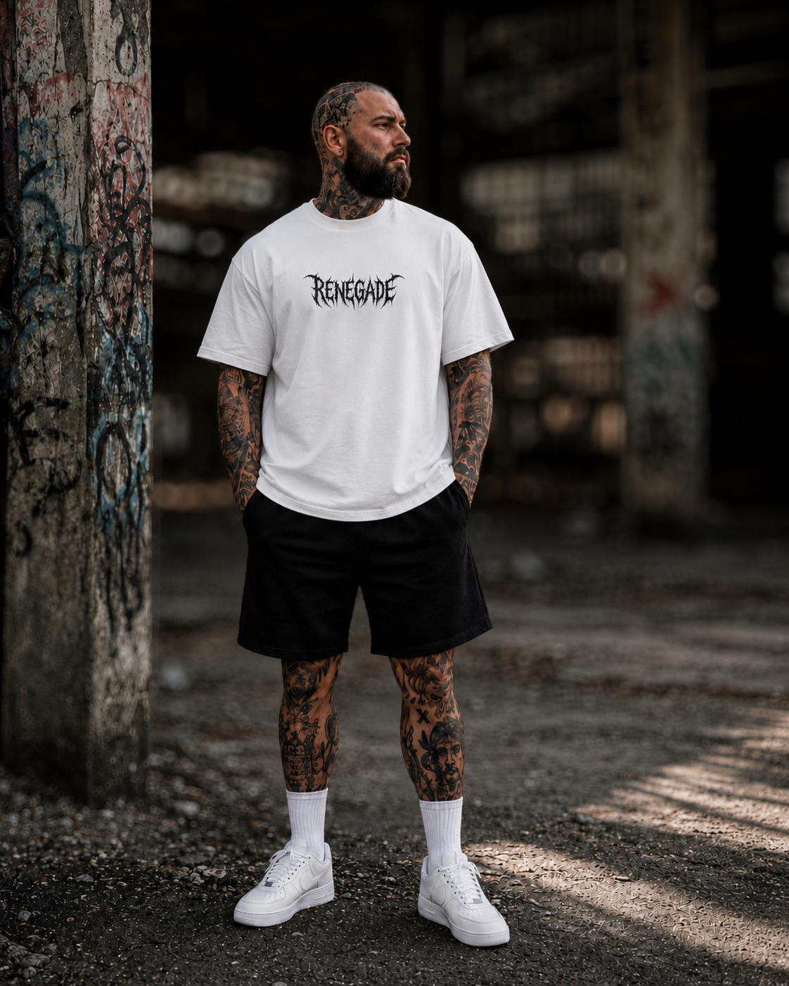 Tattooed male model wearing white Renegade Deathcore Logo Tee with black centre chest print