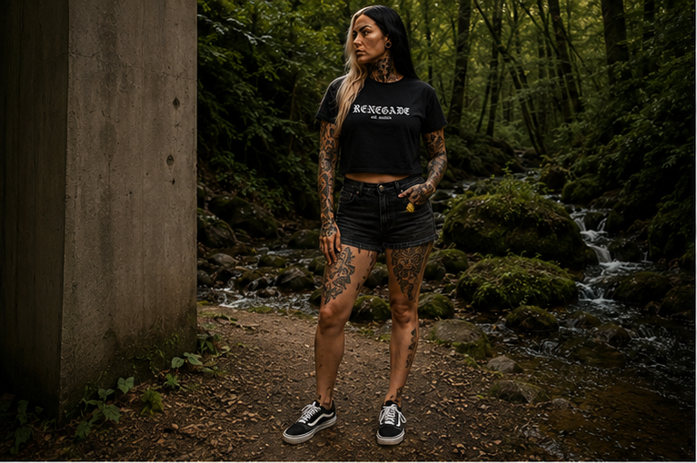 Female model wearing black Renegade Logo Crop Tee with white gothic chest print, black shorts and black-and-white skate shoes in a woodland setting