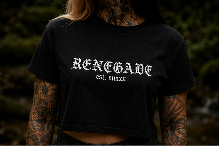 Close-up of white Renegade gothic logo and est. mmxx print on black cropped T-shirt