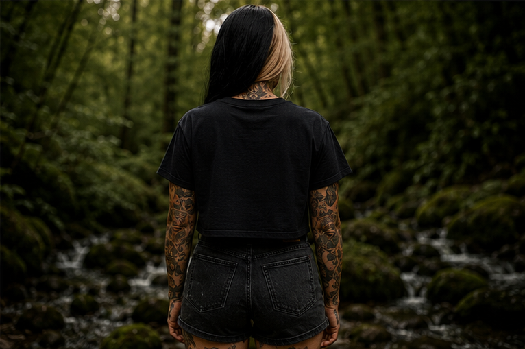 Back view of female model wearing black cropped Renegade T-shirt in a woodland setting
