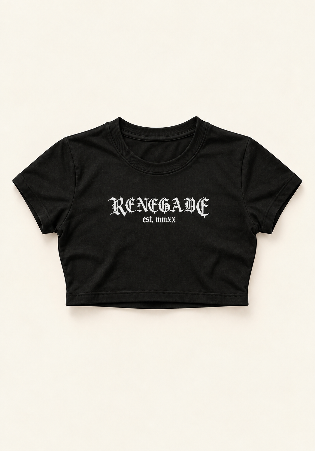 Renegade Logo Crop Tee black flat lay front view on cream background