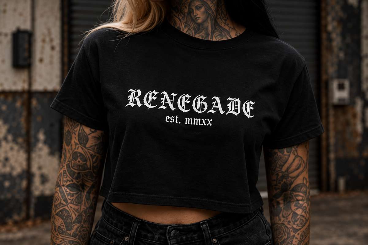 Close-up of the white Renegade est. mmxx logo printed on the black Renegade Logo Crop Tee