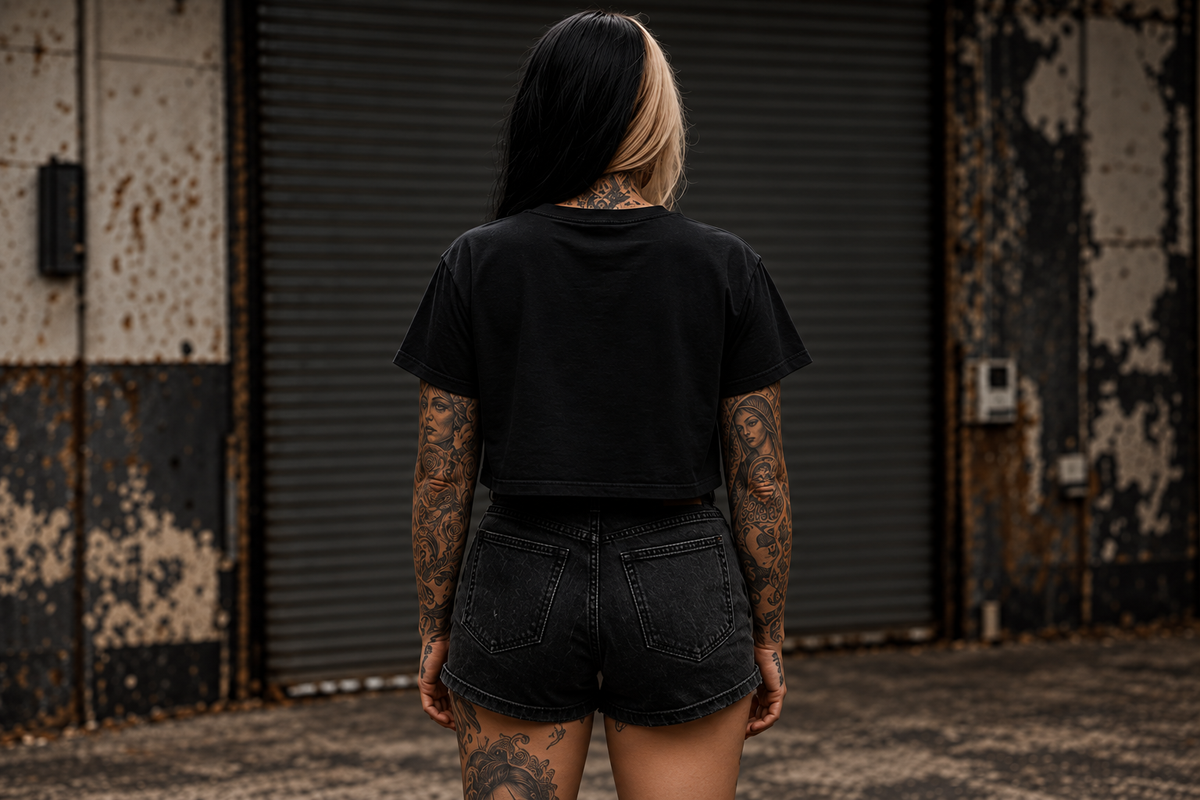 Back view of tattooed model wearing the plain-back black Renegade Logo Crop Tee