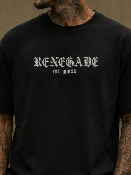 Close-up front view of black Renegade gothic logo T-shirt on male model