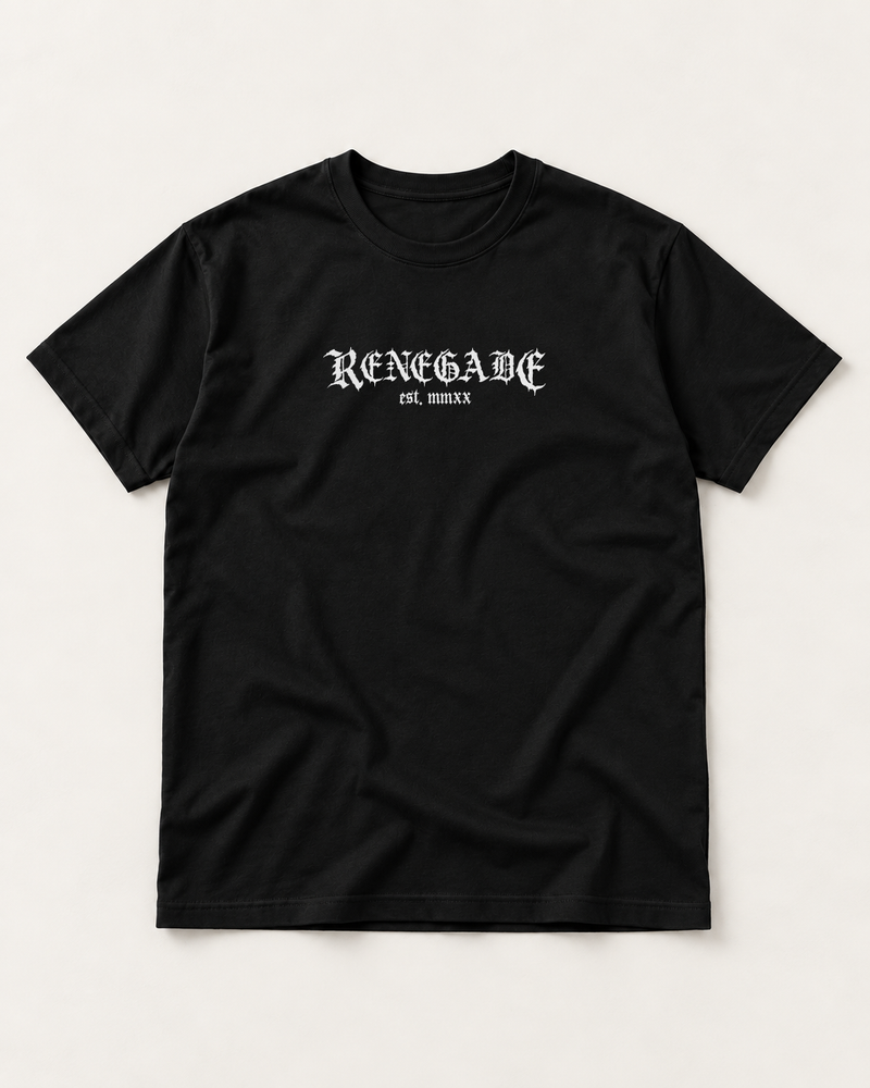 Black Renegade Logo Tee front view with white Renegade chest print.