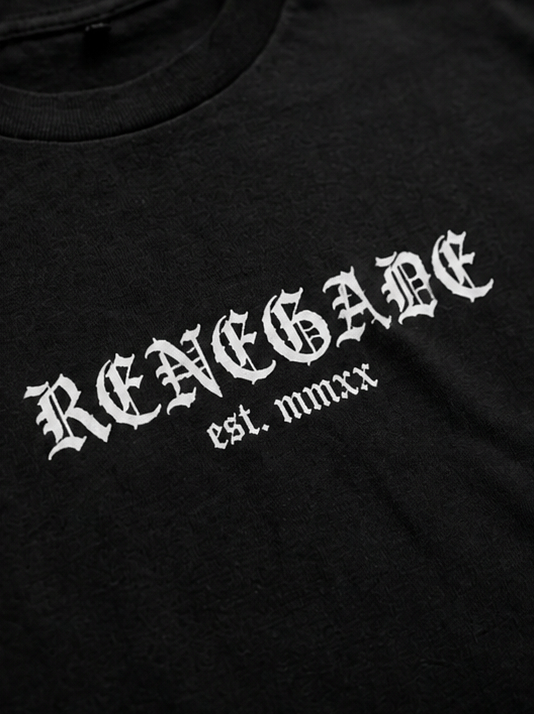 Close-up of white Renegade gothic logo and est. mmxx print on black T-shirt