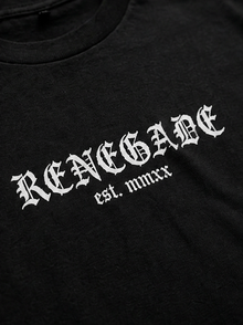 Close-up of white Renegade gothic logo and est. mmxx print on black T-shirt