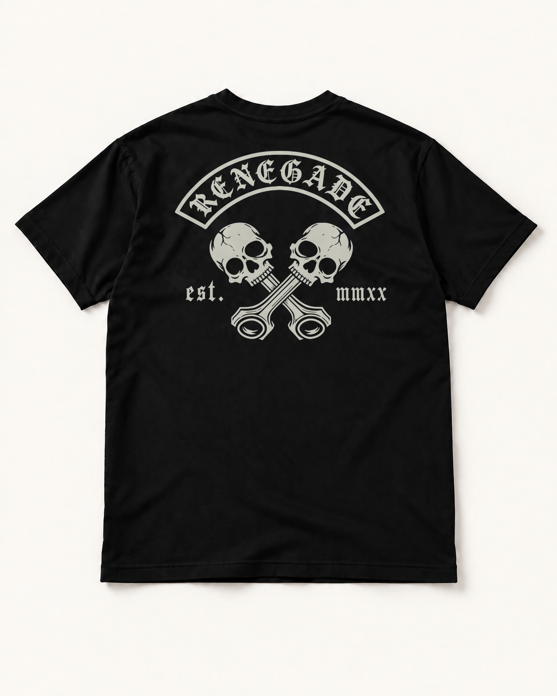 Renegade MC graphic tee black T-shirt flat lay back with updated skull and crossed piston print