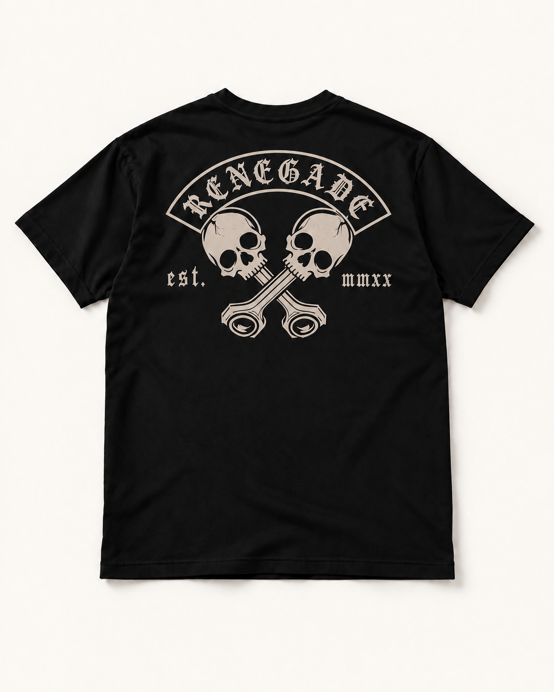 Renegade MC graphic tee black T-shirt flat lay back with large skull and crossed piston print