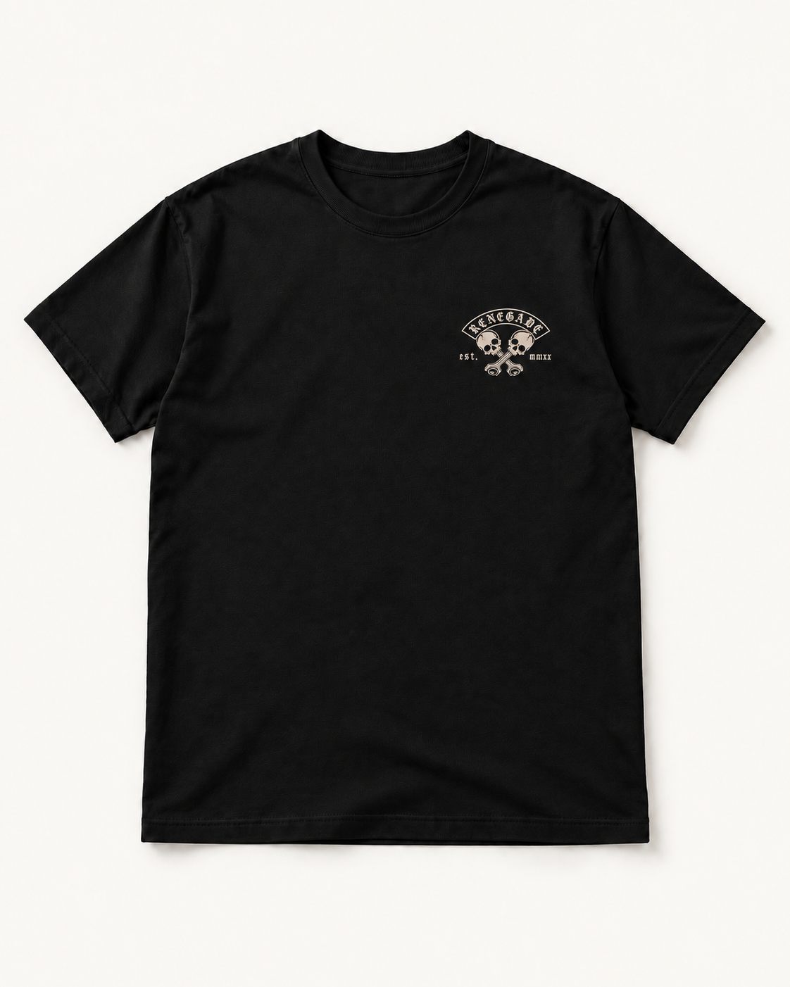 Renegade MC graphic tee black T-shirt flat lay front with left chest skull and piston print