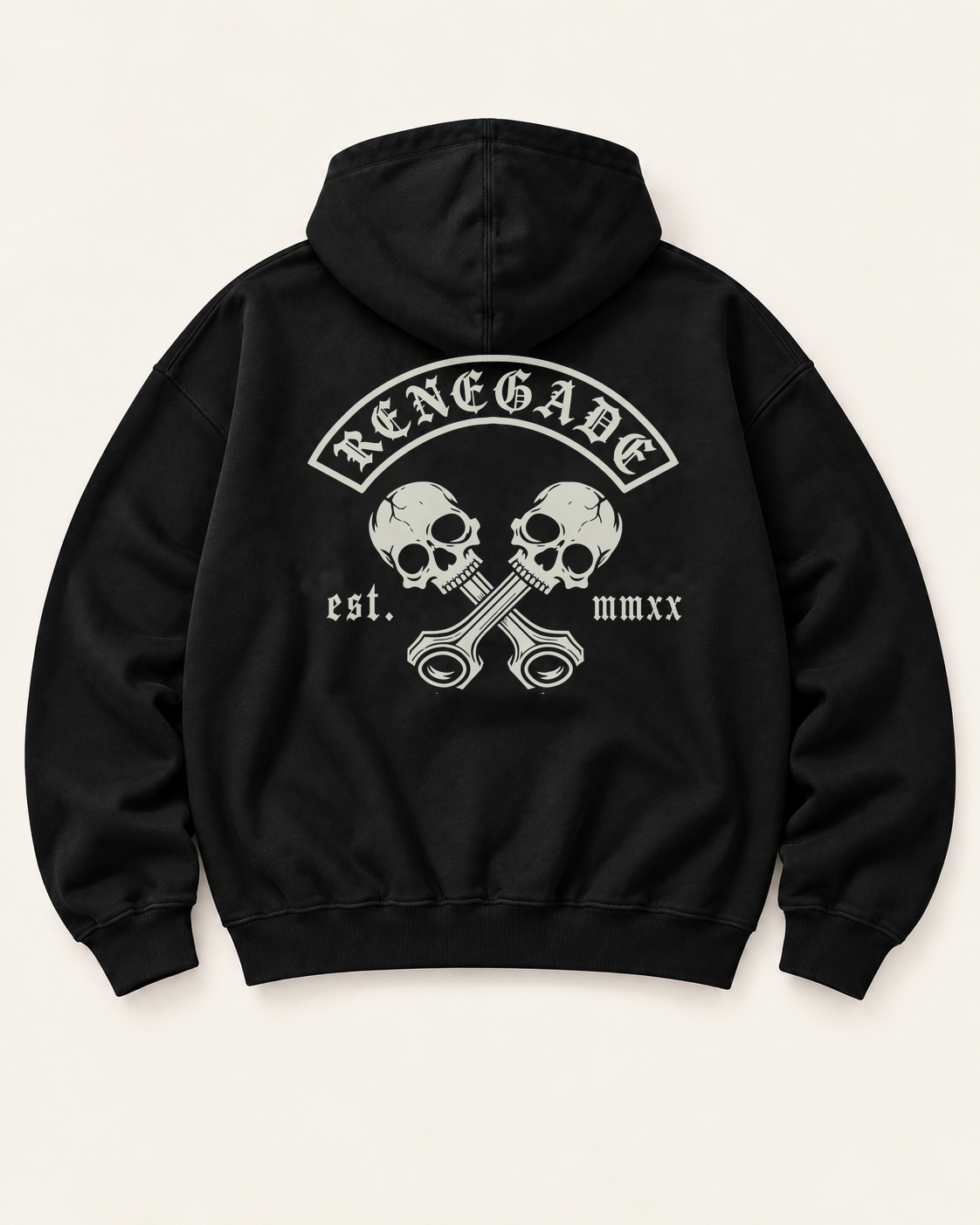 Renegade MC black hoodie flat lay back with updated skull and crossed piston print