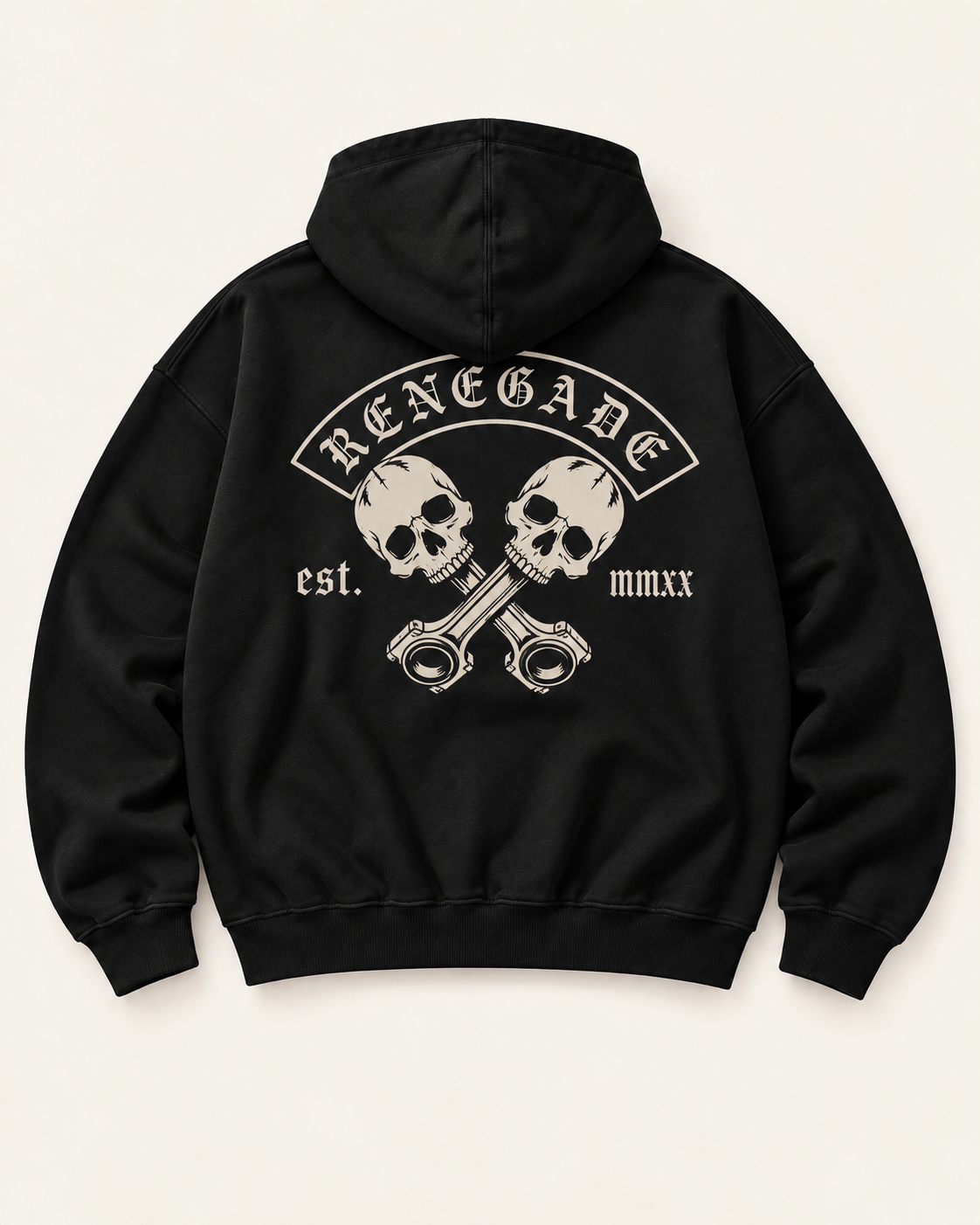 Renegade MC black hoodie flat lay back with large skull and crossed piston print
