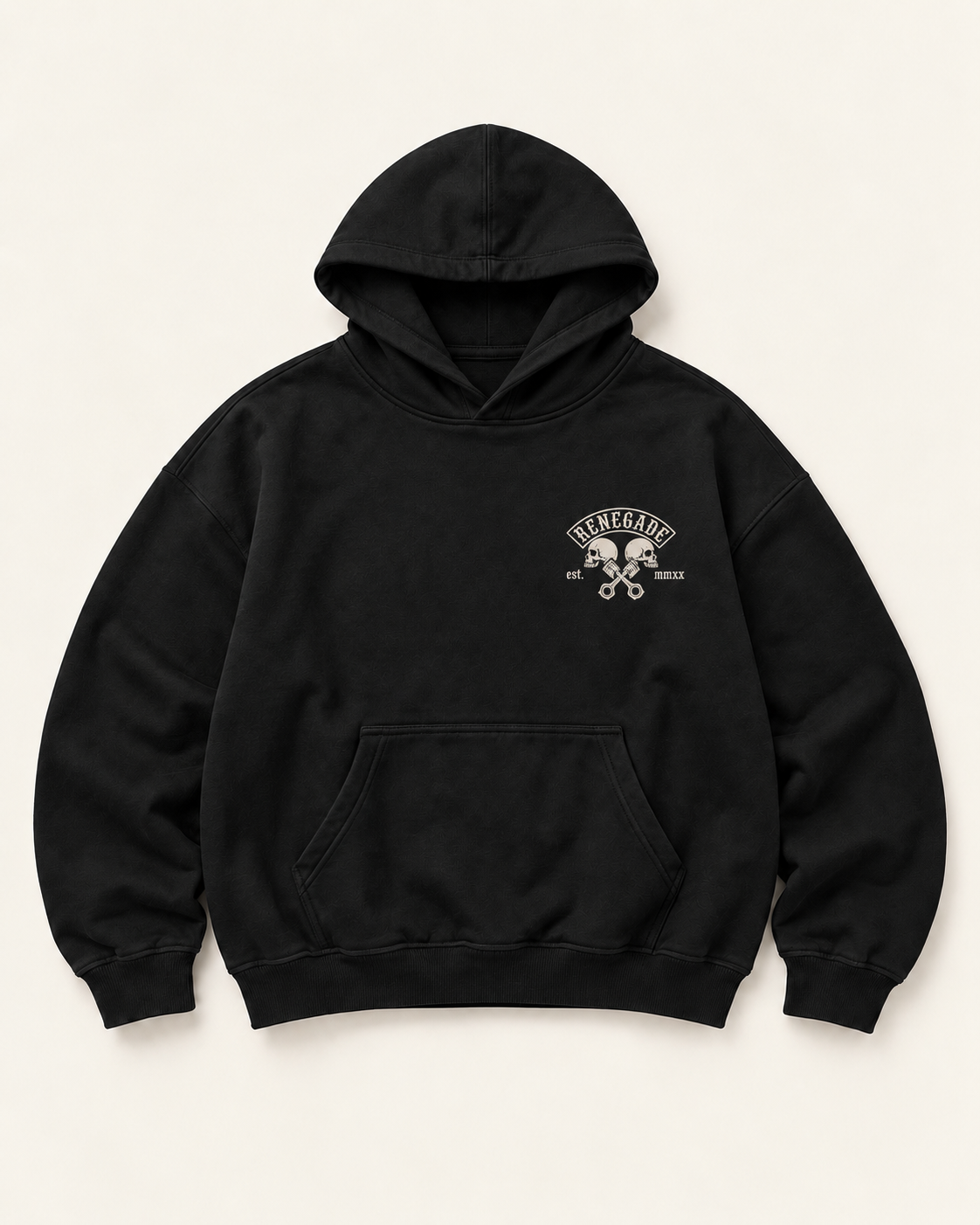 Renegade MC black hoodie flat lay front with small left chest skull and piston print