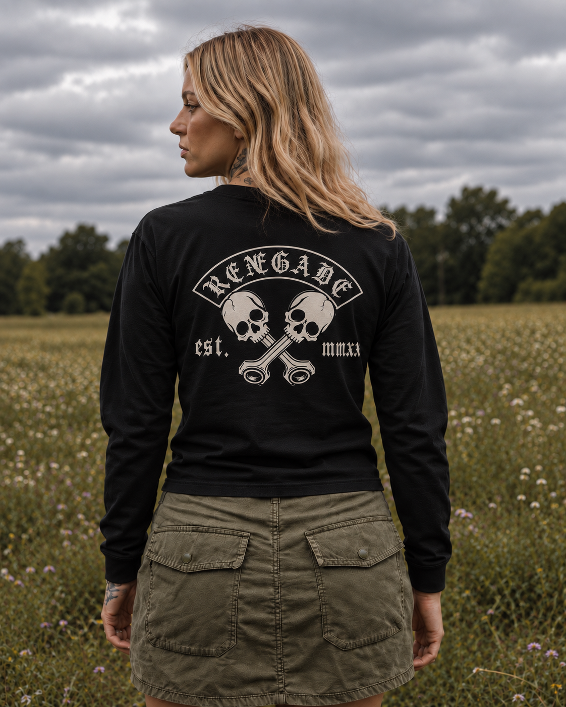 Renegade MC long sleeve tee large back print on female model