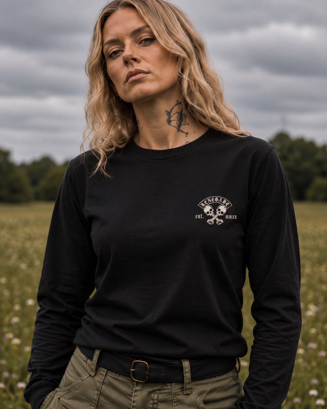 Renegade MC long sleeve tee front chest print on female model