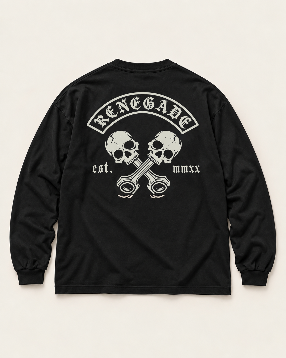 Renegade MC long sleeve tee black flat lay back with updated skull and crossed piston print
