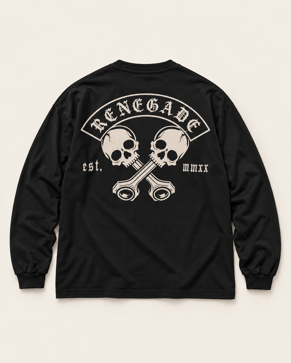 Renegade MC long sleeve tee black flat lay back with large skull and crossed piston print