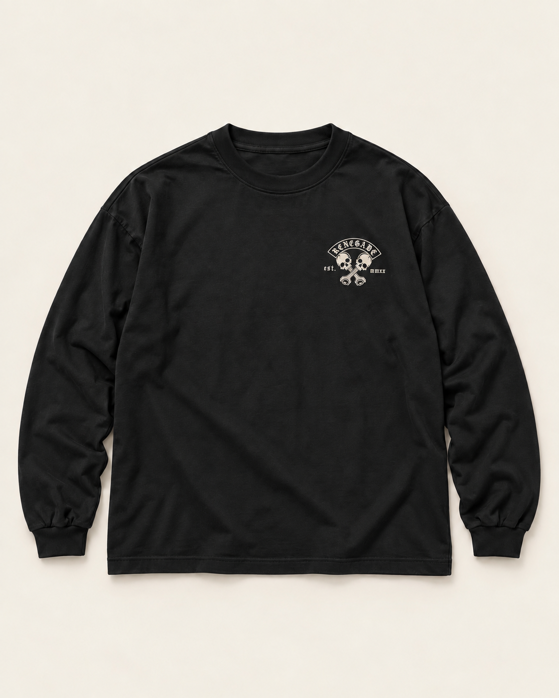 Renegade MC long sleeve tee black flat lay front with left chest skull and piston print