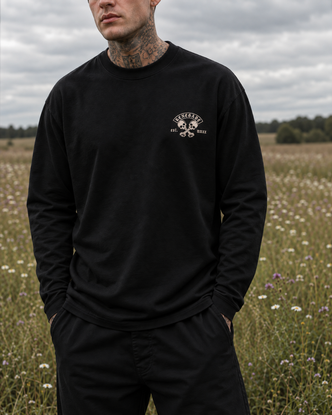 Renegade MC long sleeve tee front chest print on male model