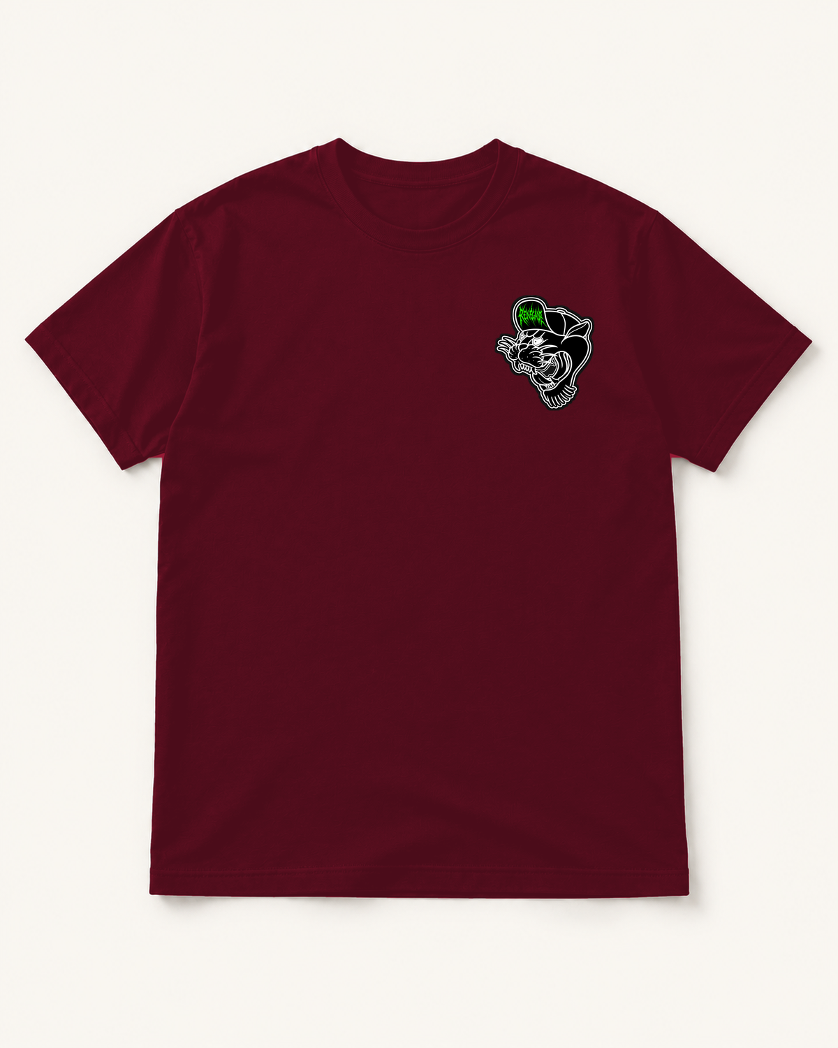 Renegade Panther burgundy heavyweight graphic T-shirt front view with small left-chest print