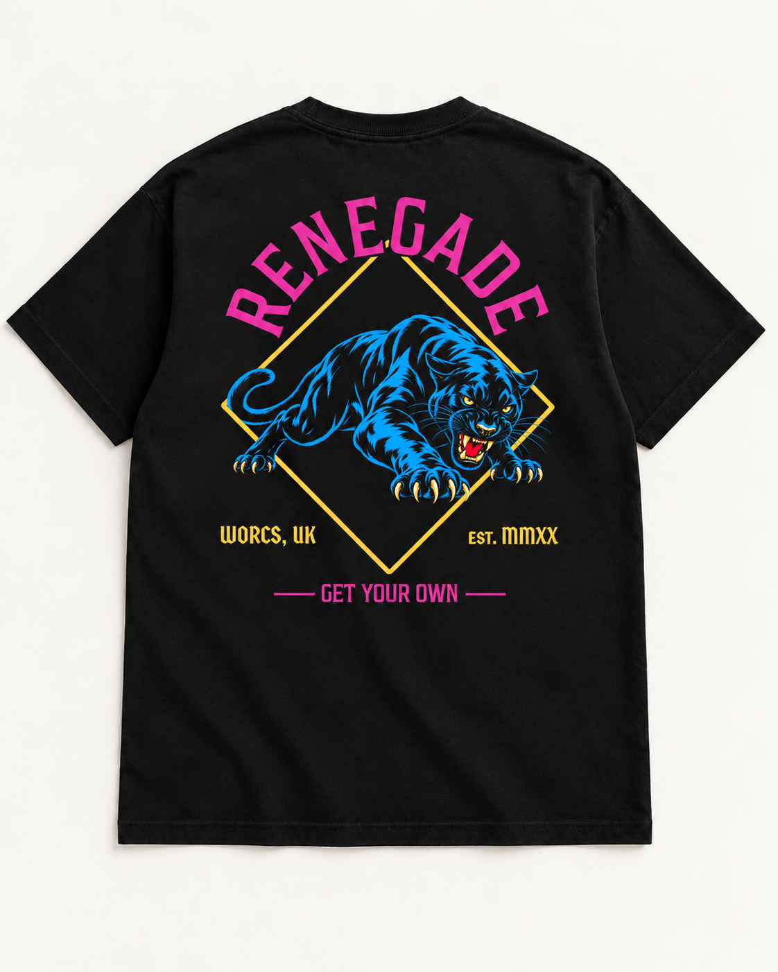 Renegade Panther black graphic tee back view with large blue panther and magenta Renegade lettering