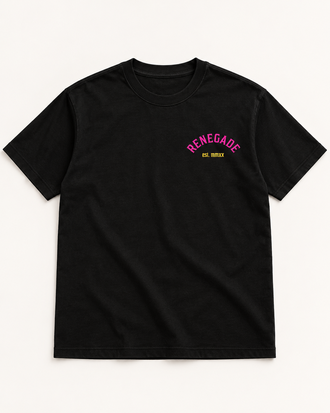 Renegade Panther black graphic tee front view with small left breast pink Renegade logo and yellow lettering