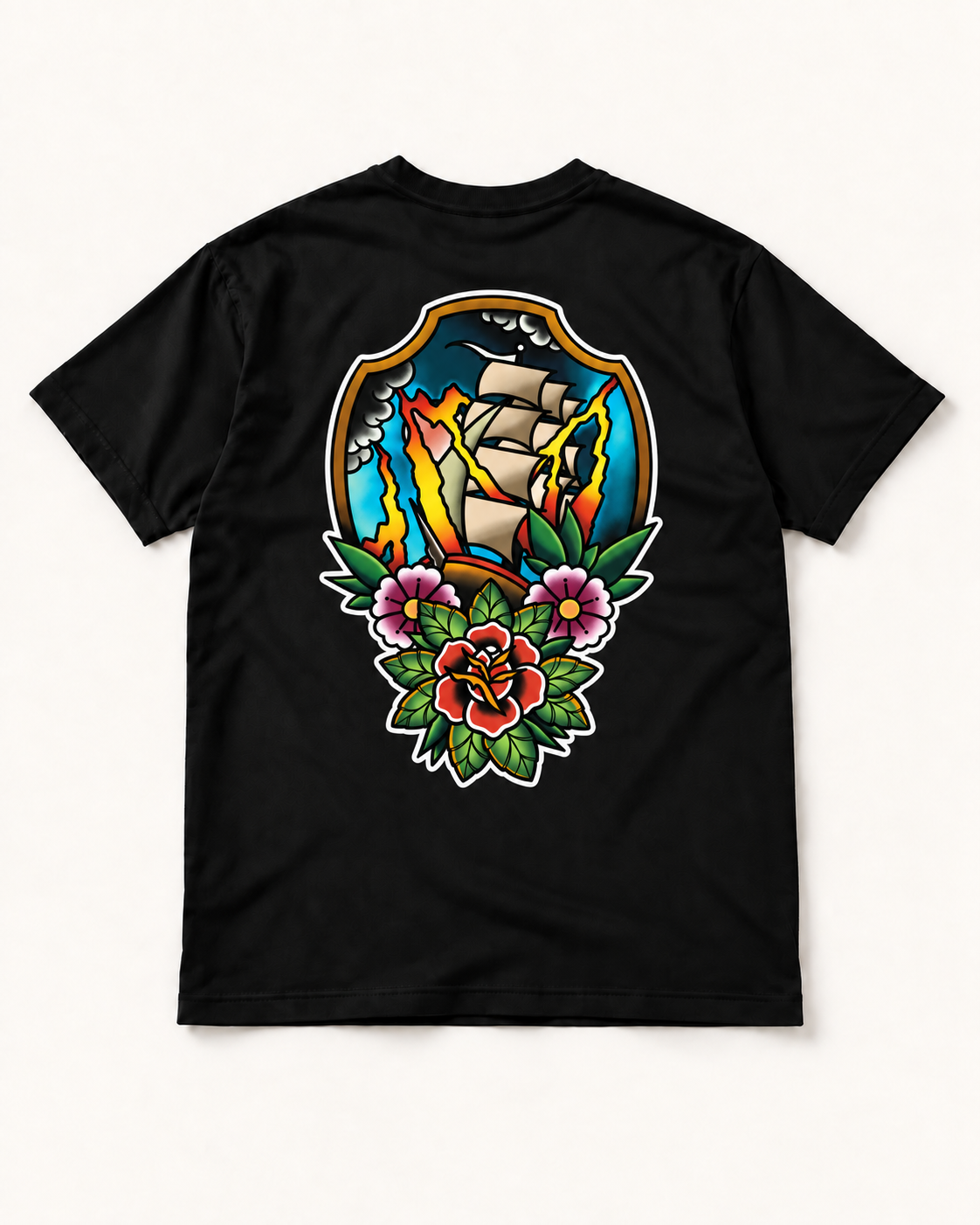 Ship & Rose Tattoo Graphic Tee, back view with white outer stroke.