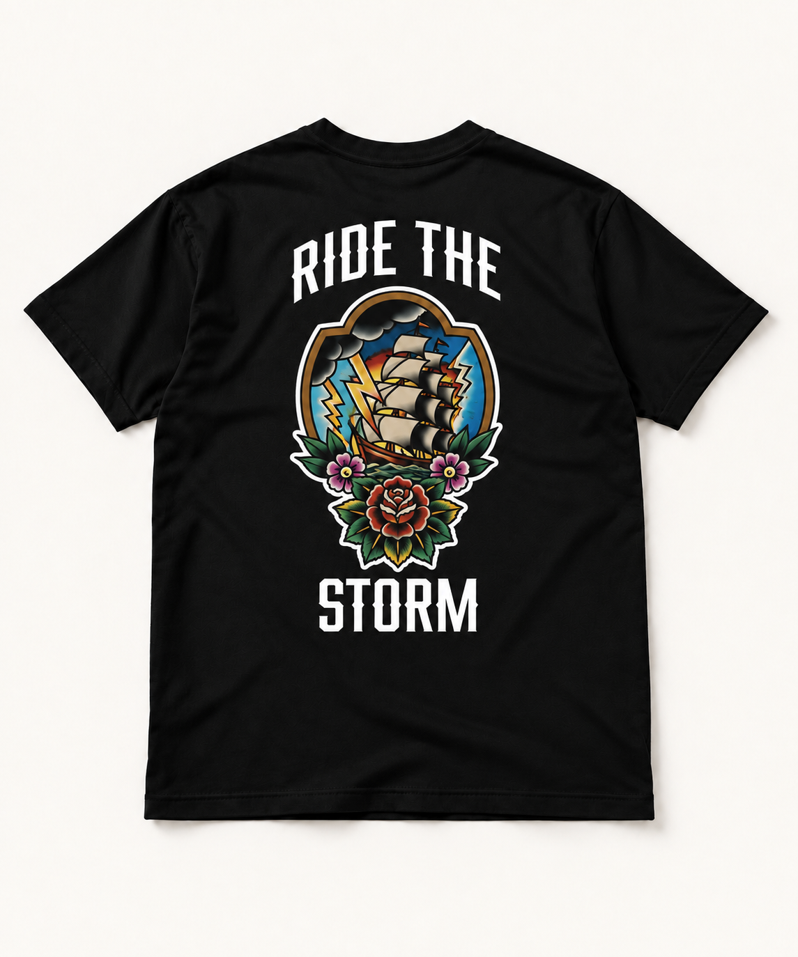 Ride the Storm Ship & Rose Tattoo Graphic Tee, back view with sailing ship, lightning and roses artwork.