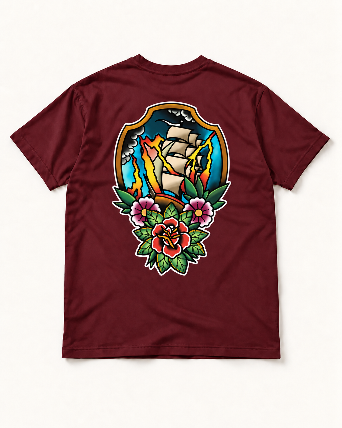Ship & Rose Tattoo Graphic Tee, back view with white outer stroke.