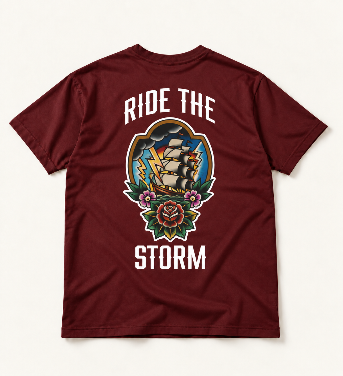 Ride the Storm Ship & Rose Tattoo Graphic Tee, back view with sailing ship, lightning and roses artwork.