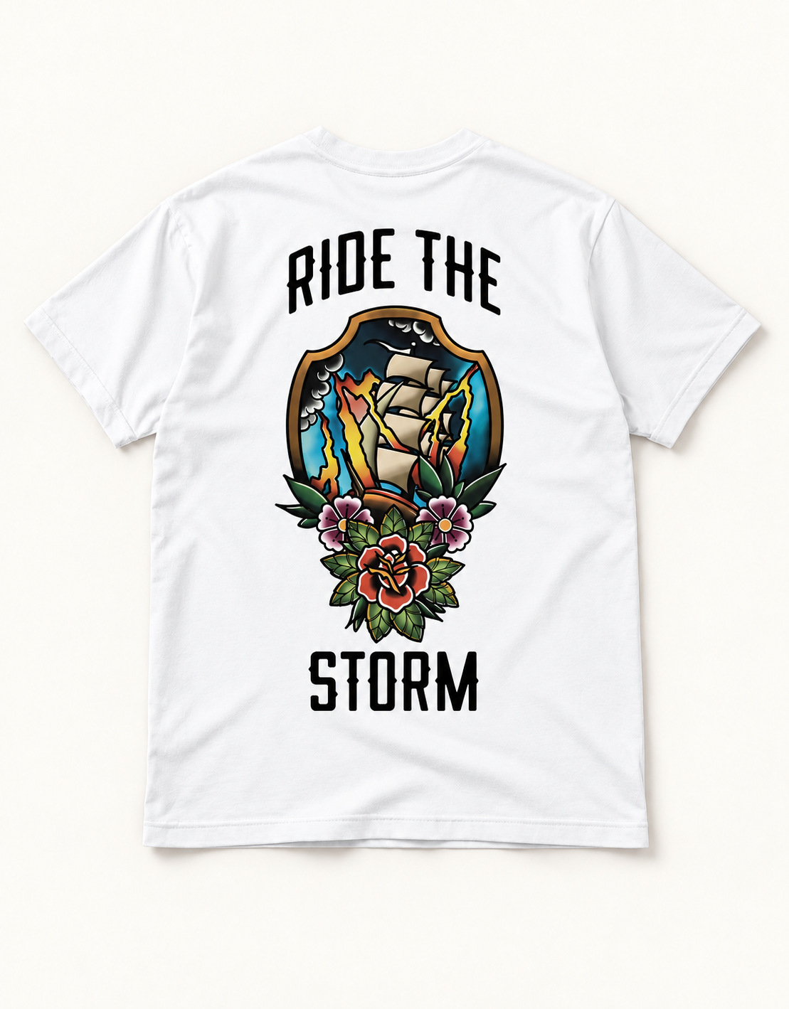 Ride the Storm Ship & Rose Tattoo Graphic Tee, back view with sailing ship, lightning and roses artwork.