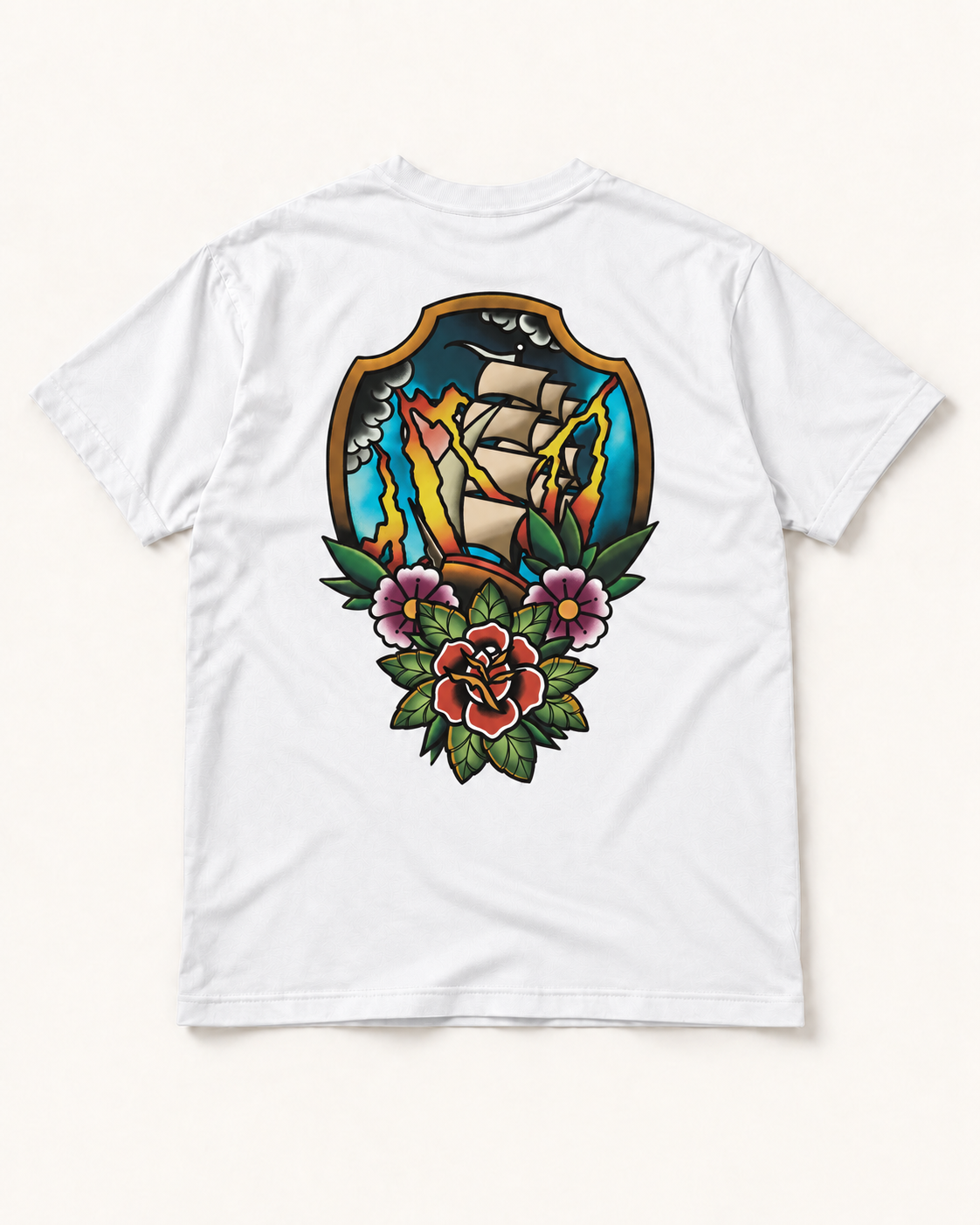 Ship & Rose Tattoo Graphic Tee, back view on a regular fit T-shirt.